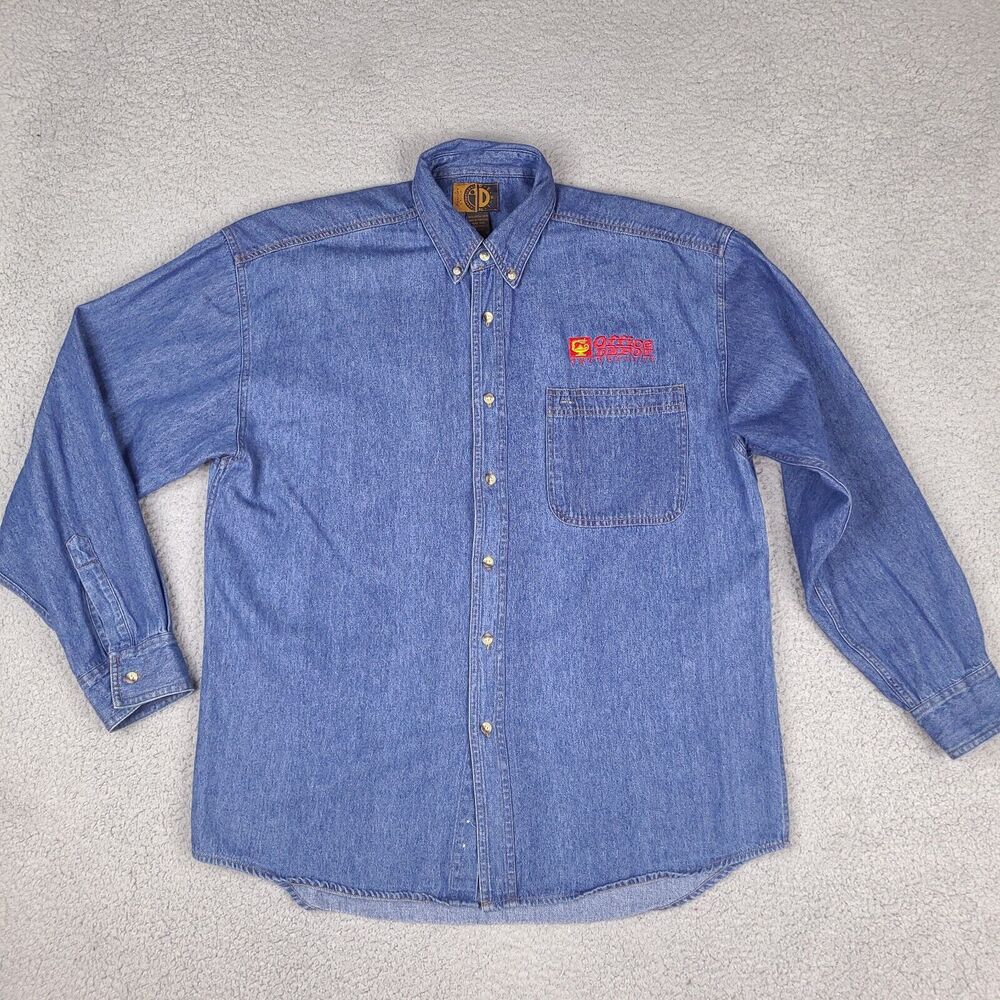 Vintage International Denim Office Depot University Shirt Mens Large Blue Cotton